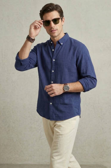 Yaka Düğmeli Krinkıl Gömlek Lacivert - Erkek Gömlek