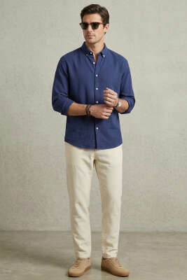 Yaka Düğmeli Krinkıl Gömlek Lacivert - Erkek Gömlek