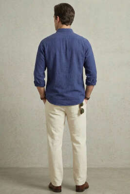 Yaka Düğmeli Krinkıl Gömlek Lacivert - Erkek Gömlek