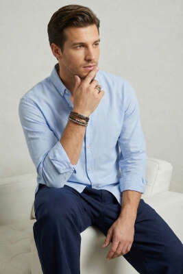 Yaka Düğmeli Krinkıl Gömlek Mavi - GİESTO