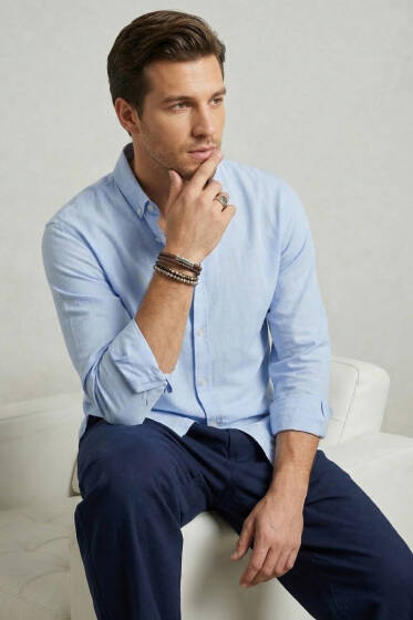 Yaka Düğmeli Krinkıl Gömlek Mavi - Erkek Gömlek