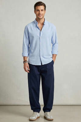 Yaka Düğmeli Krinkıl Gömlek Mavi - Erkek Gömlek