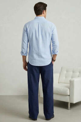 Yaka Düğmeli Krinkıl Gömlek Mavi - Erkek Gömlek