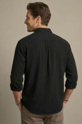 Yaka Düğmeli Krinkıl Gömlek Siyah - Erkek Gömlek