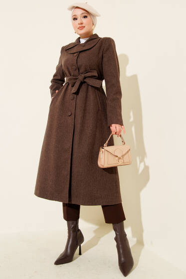 Yaka Düğmeli Kuşaklı Kaşe Kaban Kahve - Kaban