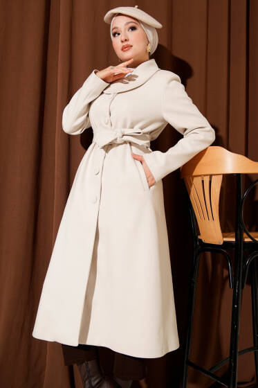 Yaka Düğmeli Kuşaklı Kaşe Kaban Taş - Kaban