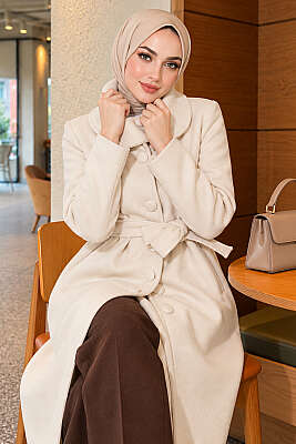 Yaka Düğmeli Kuşaklı Kaşe Kaban Taş - Kaban