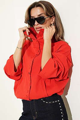 Yaka Düğmeli Oversize Ceket Kırmızı - HOTFASHION