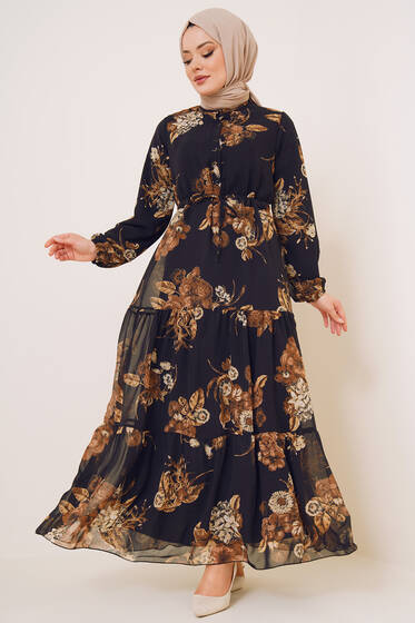 Yaka Düğmeli Şifon Elbise Siyah Latte - Tesettür Elbise
