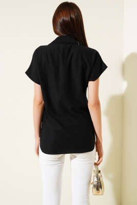 Yaka Düğmeli T-shirt Siyah - Kadın Giyim Modelleri