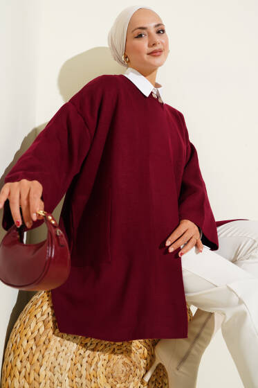 Yaka Düğmeli Triko Panço Bordo - Panço