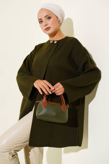 Yaka Düğmeli Triko Panço Haki - Panço