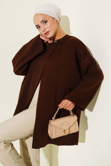 Yaka Düğmeli Triko Panço Kahve - Panço