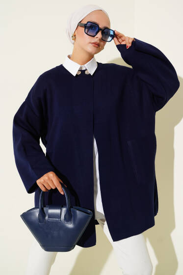 Yaka Düğmeli Triko Panço Lacivert - Panço
