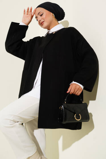 Yaka Düğmeli Triko Panço Siyah - Panço