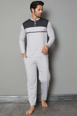 Yaka Düğmeli Uzun Kol Erkek Pijama Takımı Gri 