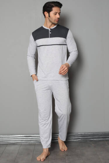 Yaka Düğmeli Uzun Kol Erkek Pijama Takımı Gri - Pijama
