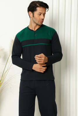 Yaka Düğmeli Uzun Kol Erkek Pijama Takımı Haki - Pijama