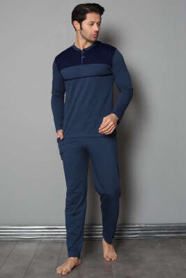 Yaka Düğmeli Uzun Kol Erkek Pijama Takımı Mavi 