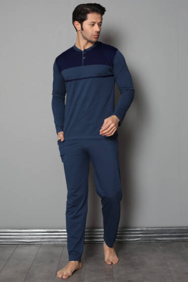 Yaka Düğmeli Uzun Kol Erkek Pijama Takımı Mavi - Pijama
