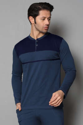 Yaka Düğmeli Uzun Kol Erkek Pijama Takımı Mavi - Pijama