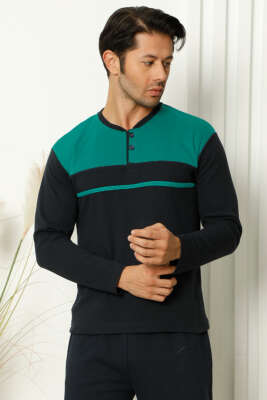 Yaka Düğmeli Uzun Kol Erkek Pijama Takımı Yeşil - Pijama