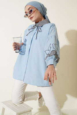 Yaka Ekoseli Kol Nakışlı Gömlek Bebe Mavi - HATUN