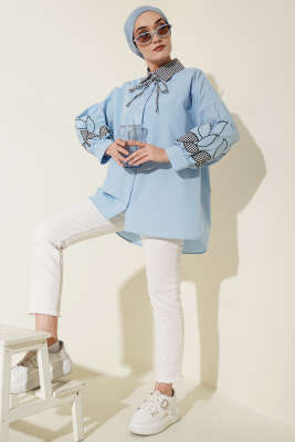 Yaka Ekoseli Kol Nakışlı Gömlek Bebe Mavi - Gömlek