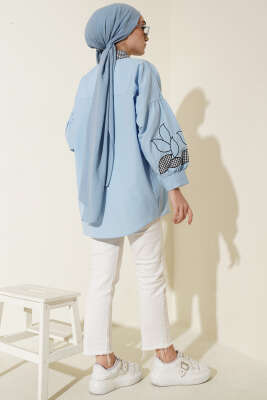 Yaka Ekoseli Kol Nakışlı Gömlek Bebe Mavi - Gömlek