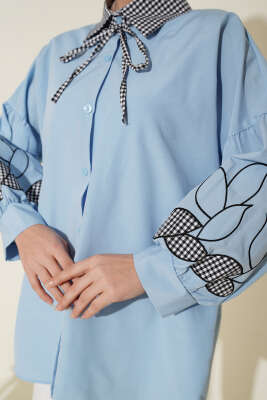 Yaka Ekoseli Kol Nakışlı Gömlek Bebe Mavi - Gömlek