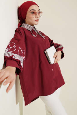 Yaka Ekoseli Kol Nakışlı Gömlek Bordo - HATUN
