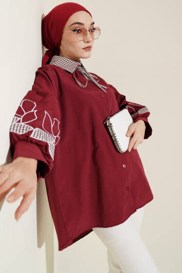 Yaka Ekoseli Kol Nakışlı Gömlek Bordo - Gömlek