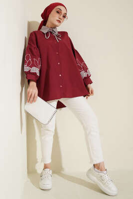 Yaka Ekoseli Kol Nakışlı Gömlek Bordo - Gömlek