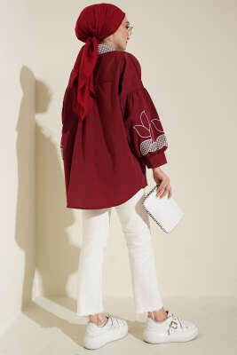 Yaka Ekoseli Kol Nakışlı Gömlek Bordo - Gömlek