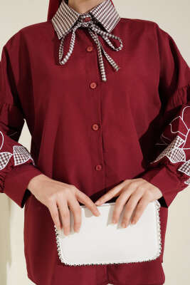 Yaka Ekoseli Kol Nakışlı Gömlek Bordo - Gömlek