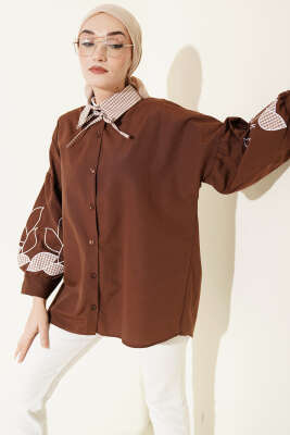 Yaka Ekoseli Kol Nakışlı Gömlek Kahve - HATUN