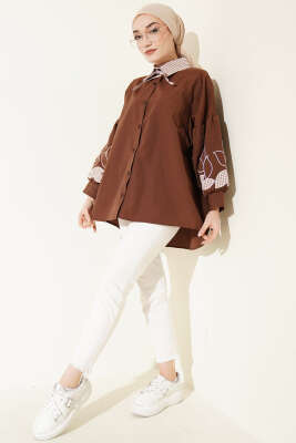 Yaka Ekoseli Kol Nakışlı Gömlek Kahve - Gömlek