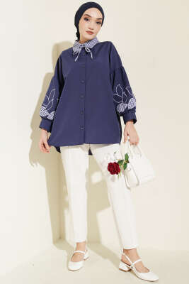 Yaka Ekoseli Kol Nakışlı Gömlek Lacivert - Gömlek
