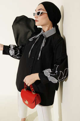 Yaka Ekoseli Kol Nakışlı Gömlek Siyah - HATUN