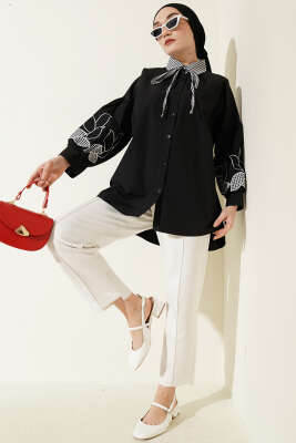 Yaka Ekoseli Kol Nakışlı Gömlek Siyah - Gömlek