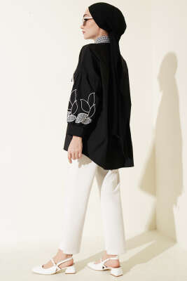 Yaka Ekoseli Kol Nakışlı Gömlek Siyah - Gömlek
