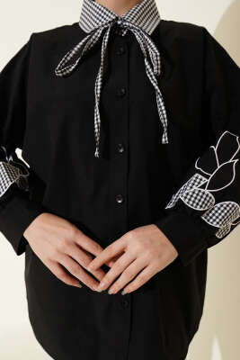 Yaka Ekoseli Kol Nakışlı Gömlek Siyah - Gömlek