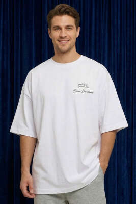 Yaka Enjeksiyon Baskı Yazılı Erkek T-shirt Beyaz - DEEP POİNT