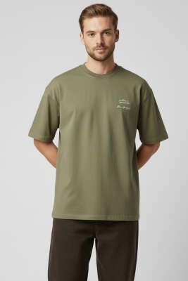 Yaka Enjeksiyon Baskı Yazılı Erkek T-shirt Haki - DEEP POİNT