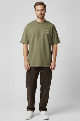 Yaka Enjeksiyon Baskı Yazılı Erkek T-shirt Haki - Erkek T-shirt