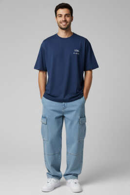 Yaka Enjeksiyon Baskı Yazılı Erkek T-shirt İndigo - Erkek T-shirt