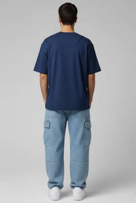 Yaka Enjeksiyon Baskı Yazılı Erkek T-shirt İndigo - Erkek T-shirt