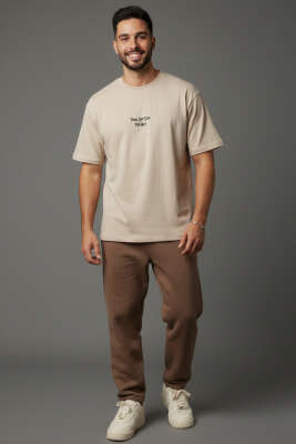Yaka Enjeksiyon Baskılı Erkek T-shirt Bej - Erkek T-shirt