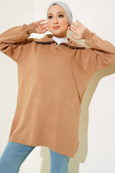 Yaka Fermuar Detaylı Tunik Latte - Triko Tunik