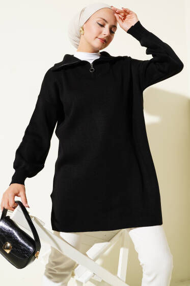 Yaka Fermuar Detaylı Tunik Siyah - Triko Tunik